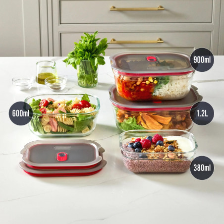 Cutie pentru alimente Black+Blum Stack+Nest FBGR-BX-M017, 0,9 l, dreptunghiulară, potrivită pentru cuptor, fără BPA, sticlă borosilicată, gri/roșu