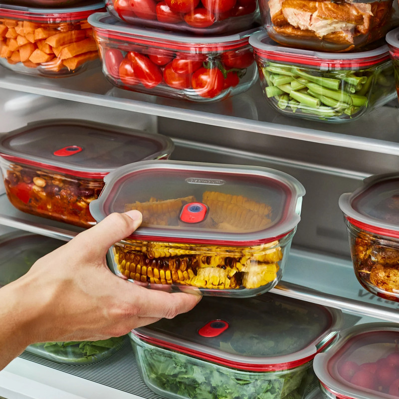 Cutie pentru alimente Black+Blum Stack+Nest FBGR-BX-M017, 0,9 l, dreptunghiulară, potrivită pentru cuptor, fără BPA, sticlă borosilicată, gri/roșu