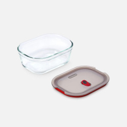 Cutie pentru alimente Black+Blum Stack+Nest FBGR-BX-M017, 0,9 l, dreptunghiulară, potrivită pentru cuptor, fără BPA, sticlă borosilicată, gri/roșu