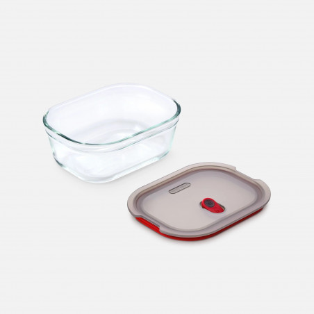 Cutie pentru alimente Black+Blum Stack+Nest FBGR-BX-M017, 0,9 l, dreptunghiulară, potrivită pentru cuptor, fără BPA, sticlă borosilicată, gri/roșu