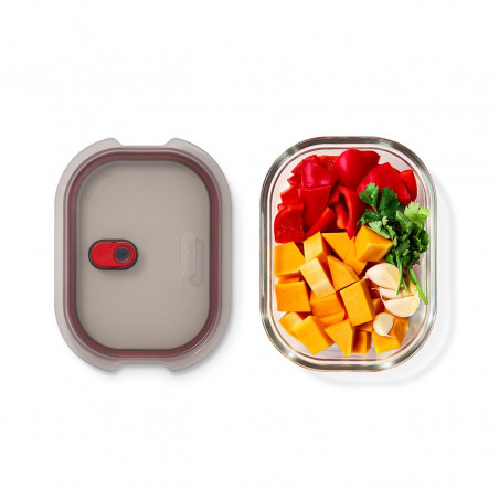Cutie pentru alimente Black+Blum Stack+Nest FBGR-BX-M017, 0,9 l, dreptunghiulară, potrivită pentru cuptor, fără BPA, sticlă borosilicată, gri/roșu