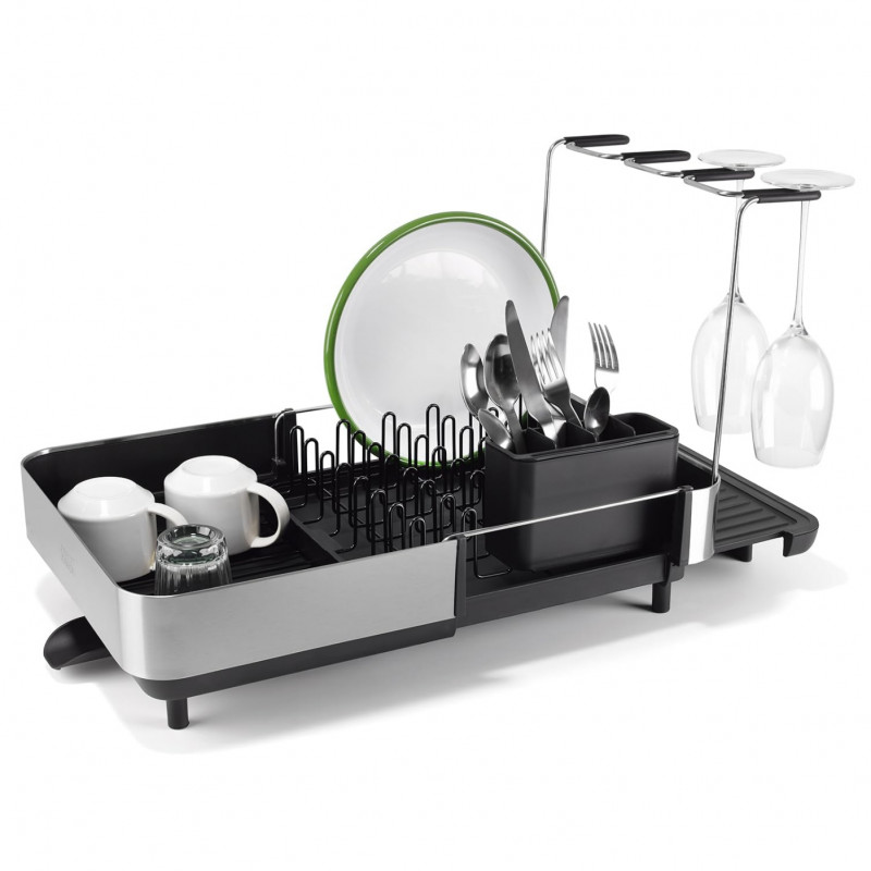 Uscator de vase Joseph Joseph Extend Steel Plus 6500040, Pana la 16 piese, Extensibil, Sine pentru pahare, Scurgere, Demontabil, Otel inoxidabil, Negru