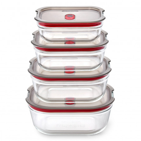 Set de 4 cutii pentru alimente Black+Blum Stack+Nest FBGR-BX-PACK4, 0,38/0,6/0,9/1,2 l, dreptunghiulare, potrivite pentru cuptor, fără BPA, oțel inoxidabil, gri/roșu