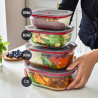 Set de 4 cutii pentru alimente Black+Blum Stack+Nest FBGR-BX-PACK4, 0,38/0,6/0,9/1,2 l, dreptunghiulare, potrivite pentru cuptor, fără BPA, oțel inoxidabil, gri/roșu