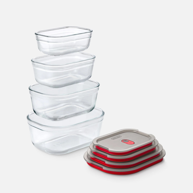 Set de 4 cutii pentru alimente Black+Blum Stack+Nest FBGR-BX-PACK4, 0,38/0,6/0,9/1,2 l, dreptunghiulare, potrivite pentru cuptor, fără BPA, oțel inoxidabil, gri/roșu