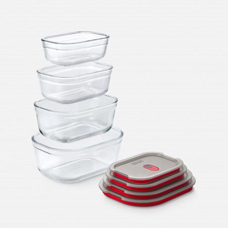 Set de 4 cutii pentru alimente Black+Blum Stack+Nest FBGR-BX-PACK4, 0,38/0,6/0,9/1,2 l, dreptunghiulare, potrivite pentru cuptor, fără BPA, oțel inoxidabil, gri/roșu