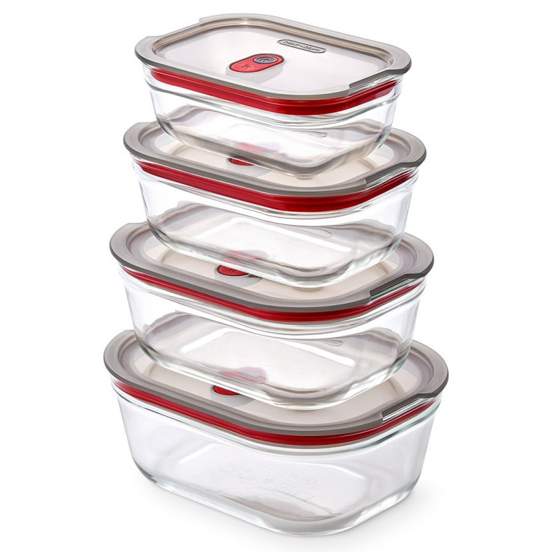 Set de 4 cutii pentru alimente Black+Blum Stack+Nest FBGR-BX-PACK4, 0,38/0,6/0,9/1,2 l, dreptunghiulare, potrivite pentru cuptor, fără BPA, oțel inoxidabil, gri/roșu
