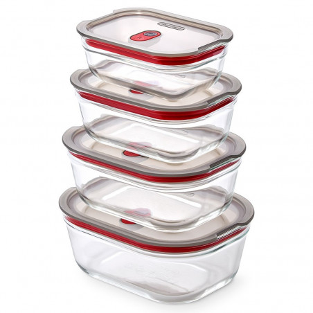 Set de 4 cutii pentru alimente Black+Blum Stack+Nest FBGR-BX-PACK4, 0,38/0,6/0,9/1,2 l, dreptunghiulare, potrivite pentru cuptor, fără BPA, oțel inoxidabil, gri/roșu