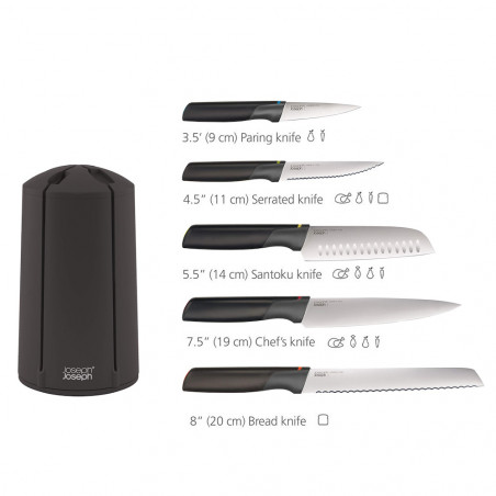 Set de cutite Joseph Joseph Elevate 10541, Otel japonez, Suport rotativ, Fara BPA, Negru/verde