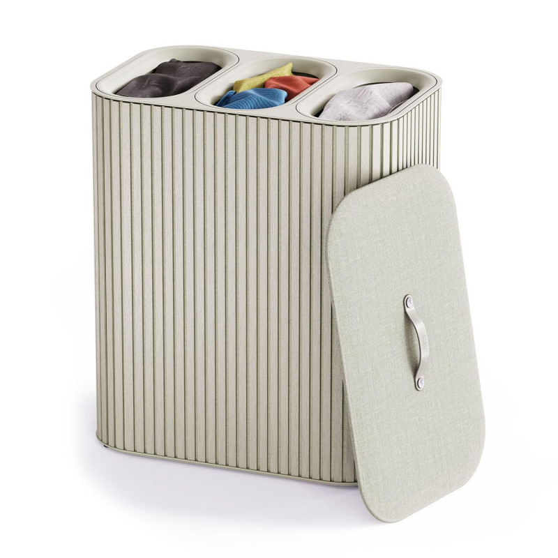 Coș de rufe Joseph Joseph Tota Trio Luxe 5000008, 90 l, 3 compartimente, mânere de transport, bambus, ecru