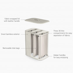 Coș de rufe Joseph Joseph Tota Trio Luxe 5000008, 90 l, 3 compartimente, mânere de transport, bambus, ecru