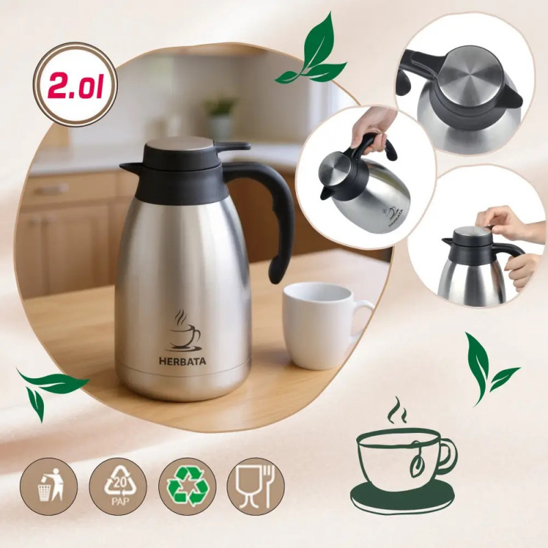 Cană termică de conferință pentru ceai Kinghoff KH 2095, 2 l, pereți dubli, corp din oțel inoxidabil, inox/negru