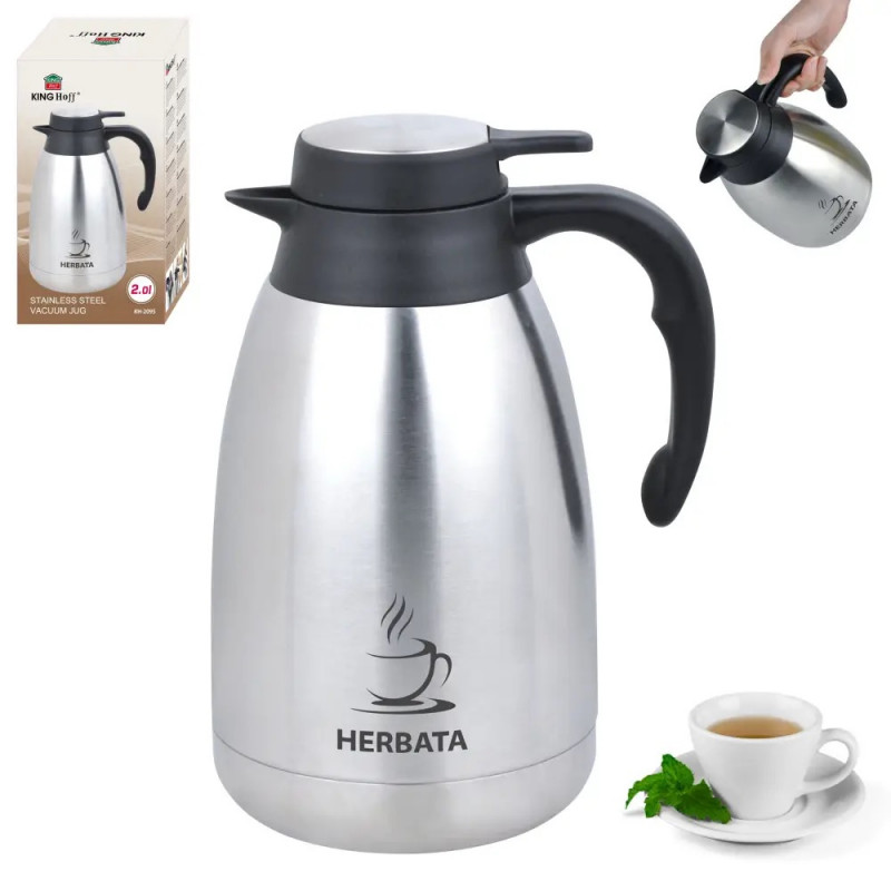 Cană termică de conferință pentru ceai Kinghoff KH 2095, 2 l, pereți dubli, corp din oțel inoxidabil, inox/negru