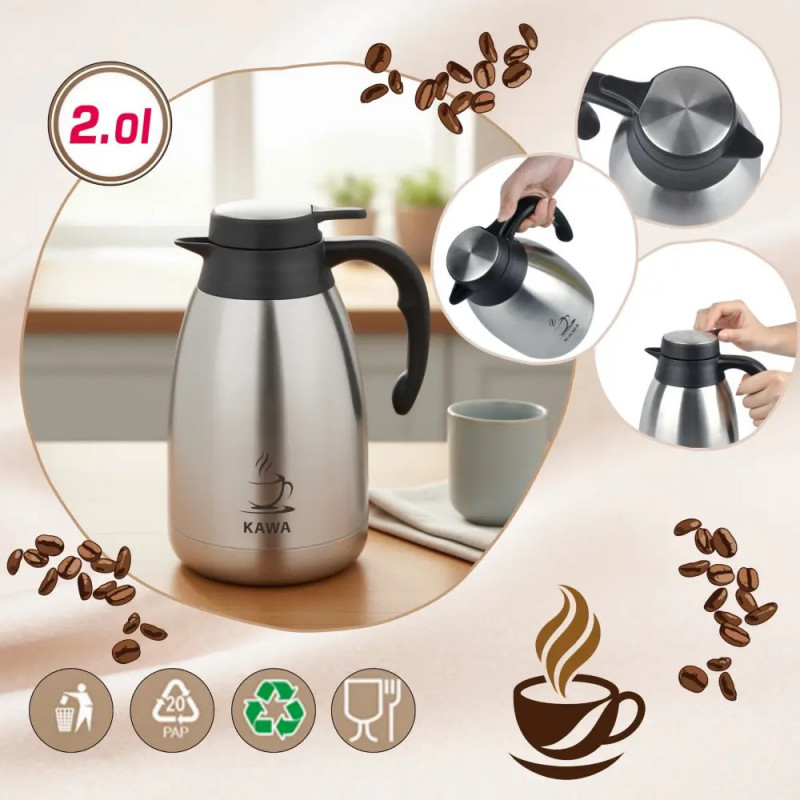 Termos de cafea pentru conferințe Kinghoff KH 2094, 2 l, pereți dubli, corp din oțel inoxidabil, inox/negru
