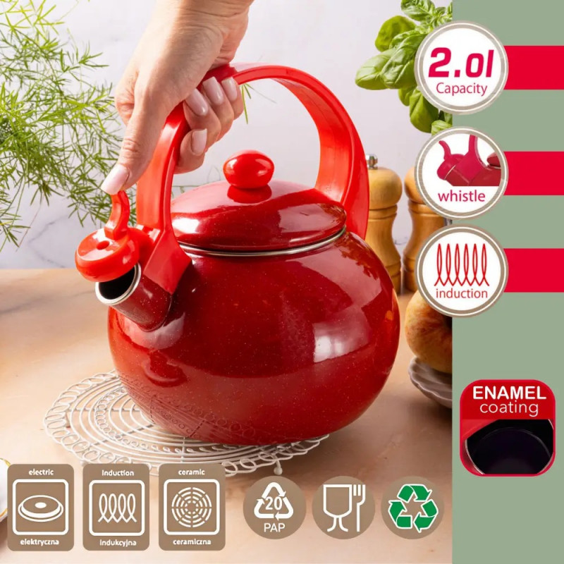 Ceainic cu fluier Kinghoff KH 2080, 2 l, interior emailat, compatibil cu plitele cu inducție, roșu