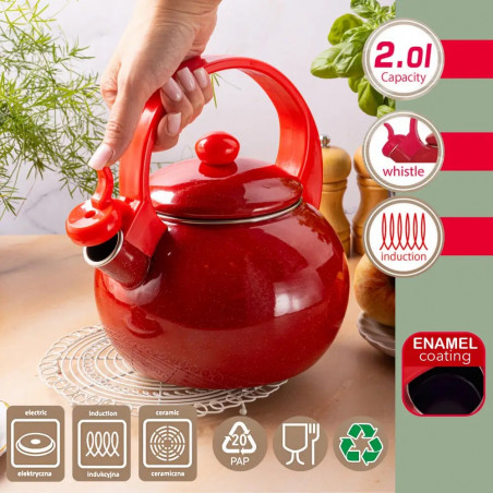 Ceainic cu fluier Kinghoff KH 2080, 2 l, interior emailat, compatibil cu plitele cu inducție, roșu