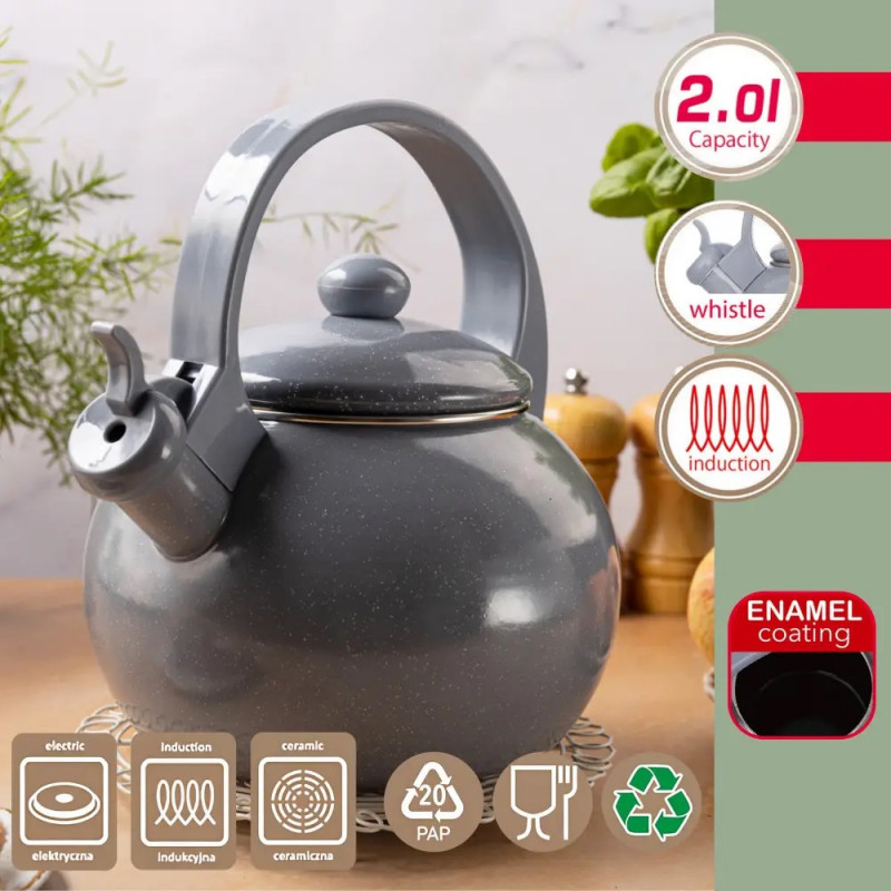 Ceainic cu fluier Kinghoff KH 2079, 2 l, interior emailat, compatibil cu plitele cu inducție, gri