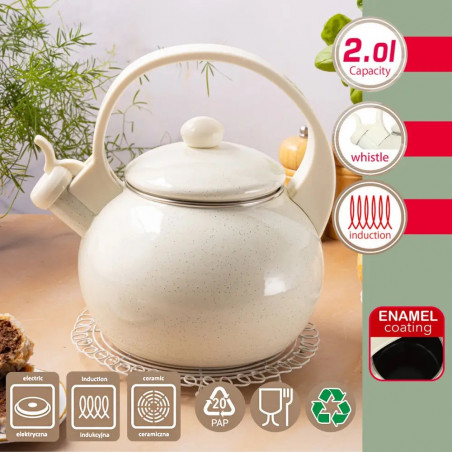 Ceainic cu fluier Kinghoff KH 2040, 2 l, interior emailat, compatibil cu plitele cu inducție, culoare crem