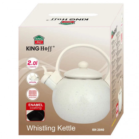 Ceainic cu fluier Kinghoff KH 2040, 2 l, interior emailat, compatibil cu plitele cu inducție, culoare crem