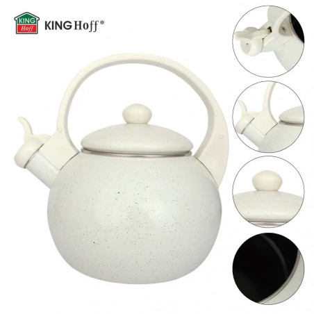 Ceainic cu fluier Kinghoff KH 2040, 2 l, interior emailat, compatibil cu plitele cu inducție, culoare crem