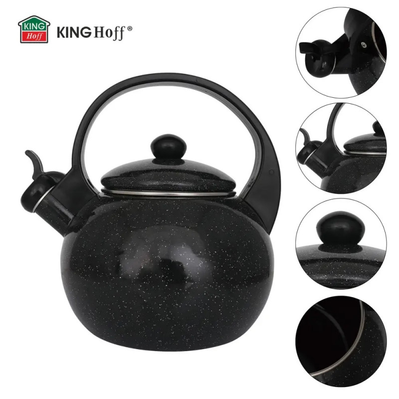 Ceainic cu fluier Kinghoff KH 2039, 2 l, interior emailat, compatibil cu plitele cu inducție, negru