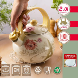 Ceainic cu fluier Kinghoff KH 2038, 2 l, interior emailat, compatibil cu plitele cu inducție, multicolor