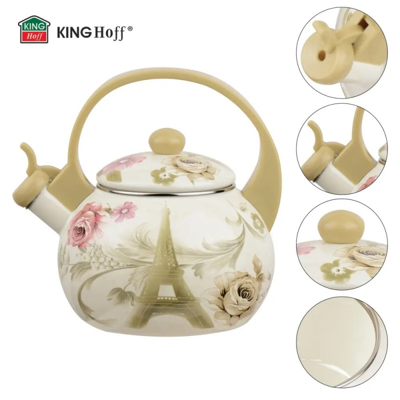 Ceainic cu fluier Kinghoff KH 2038, 2 l, interior emailat, compatibil cu plitele cu inducție, multicolor