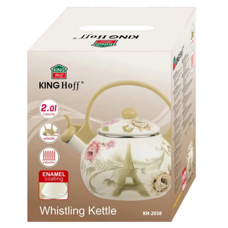 Ceainic cu fluier Kinghoff KH 2038, 2 l, interior emailat, compatibil cu plitele cu inducție, multicolor