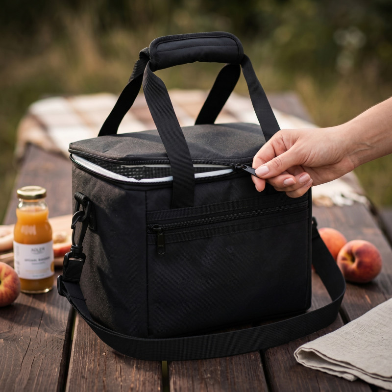Geantă termo Adler AD 4540, 7 l, spumă de 5 mm, buzunar interior + buzunar exterior, alimente/băuturi, negru