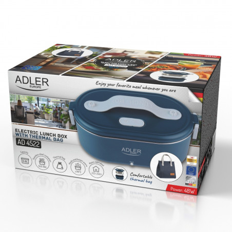 Cutie electrică pentru prânz Adler AD 4522, 45 W, 0,8 l, până la 70 °C, recipient din oțel inoxidabil, geantă termică, albastră