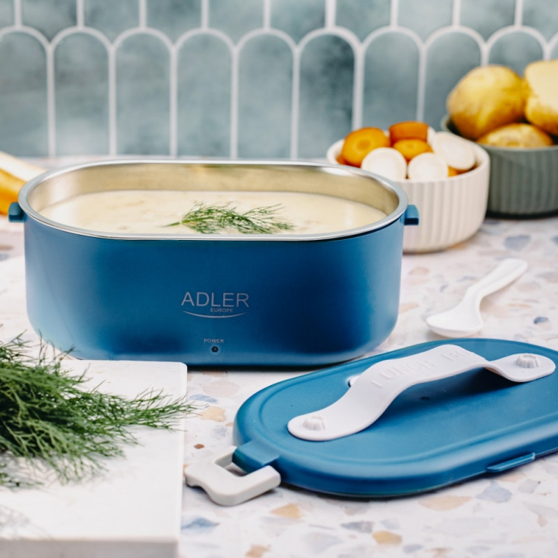 Cutie electrică pentru prânz Adler AD 4522, 45 W, 0,8 l, până la 70 °C, recipient din oțel inoxidabil, geantă termică, albastră
