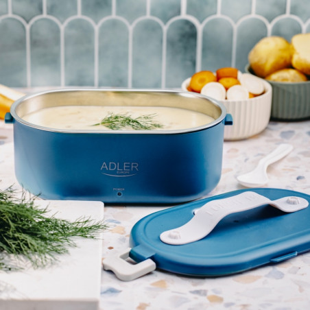 Cutie electrică pentru prânz Adler AD 4522, 45 W, 0,8 l, până la 70 °C, recipient din oțel inoxidabil, geantă termică, albastră
