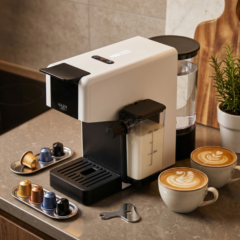 Mașină de espresso Adler AD 4391, 1400 W, 20 bar, 0,8 l, 8 accesorii, funcție de spumare, alb/negru
