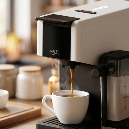 Mașină de espresso Adler AD 4391, 1400 W, 20 bar, 0,8 l, 8 accesorii, funcție de spumare, alb/negru