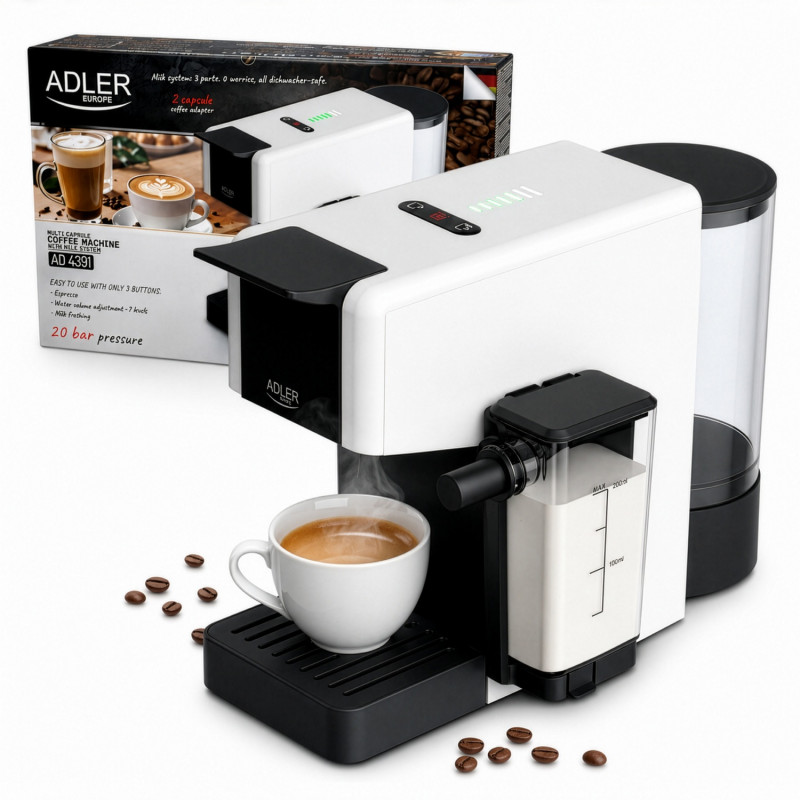 Mașină de espresso Adler AD 4391, 1400 W, 20 bar, 0,8 l, 8 accesorii, funcție de spumare, alb/negru