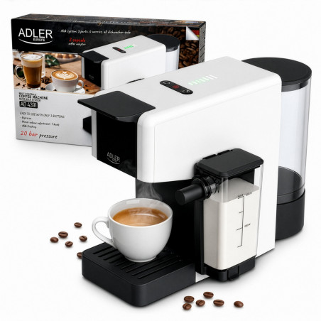 Mașină de espresso Adler AD 4391, 1400 W, 20 bar, 0,8 l, 8 accesorii, funcție de spumare, alb/negru