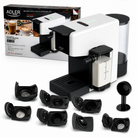 Mașină de espresso Adler AD 4391, 1400 W, 20 bar, 0,8 l, 8 accesorii, funcție de spumare, alb/negru
