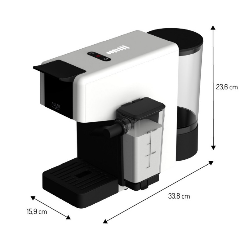 Mașină de espresso Adler AD 4391, 1400 W, 20 bar, 0,8 l, 8 accesorii, funcție de spumare, alb/negru