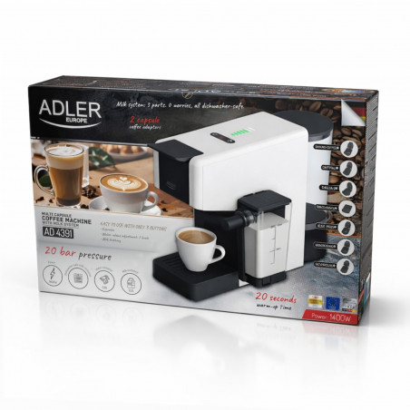 Mașină de espresso Adler AD 4391, 1400 W, 20 bar, 0,8 l, 8 accesorii, funcție de spumare, alb/negru