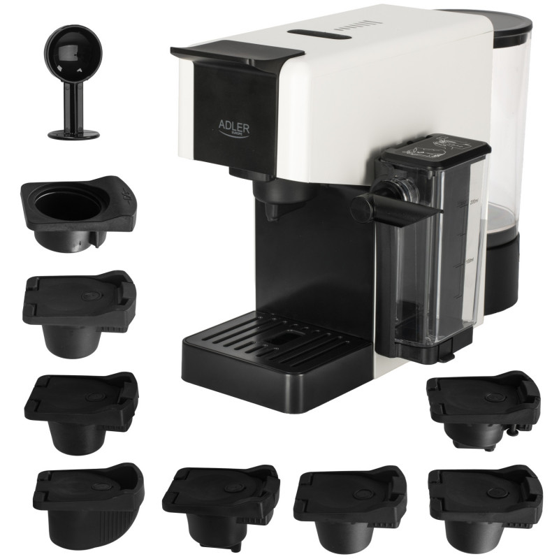 Mașină de espresso Adler AD 4391, 1400 W, 20 bar, 0,8 l, 8 accesorii, funcție de spumare, alb/negru