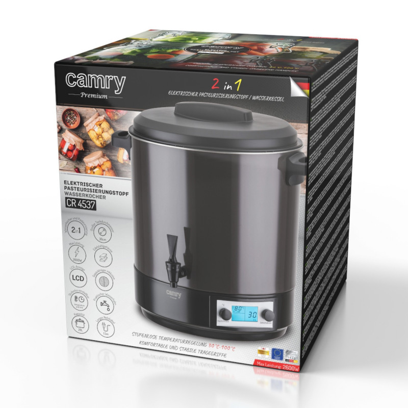 Vas electric de pasteurizare Camry CR 4537, 2600 W, 28 l, ecran LCD, 30-100 °C, menținere a temperaturii, cronometru, oțel inoxidabil, antracit/negru