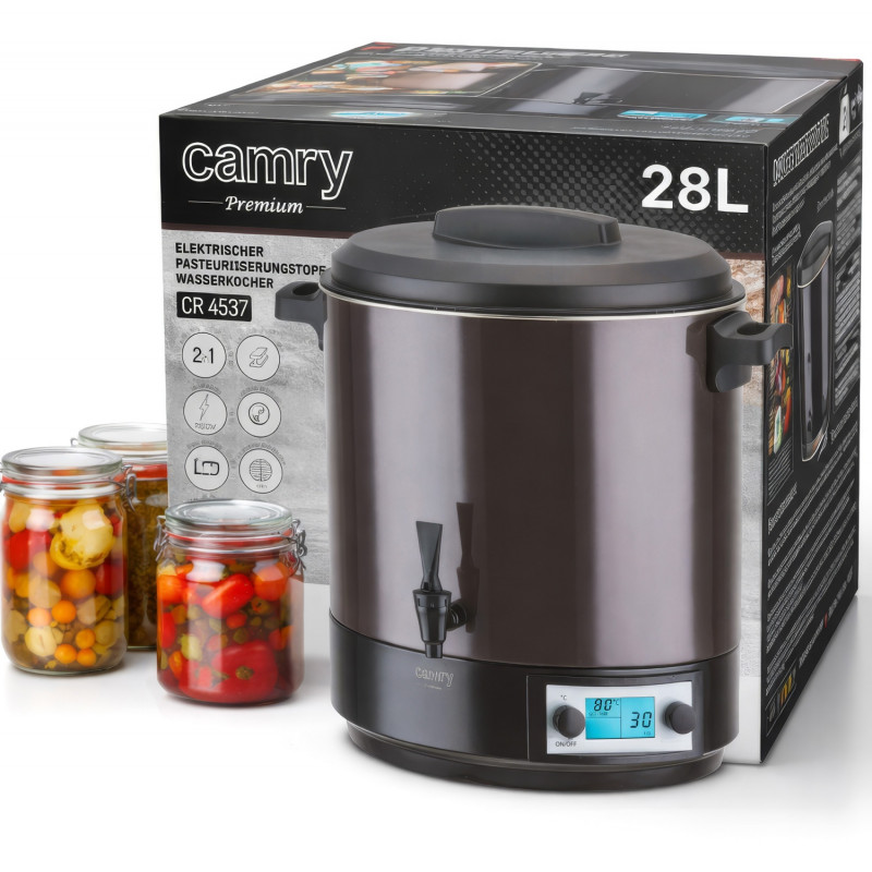 Vas electric de pasteurizare Camry CR 4537, 2600 W, 28 l, ecran LCD, 30-100 °C, menținere a temperaturii, cronometru, oțel inoxidabil, antracit/negru