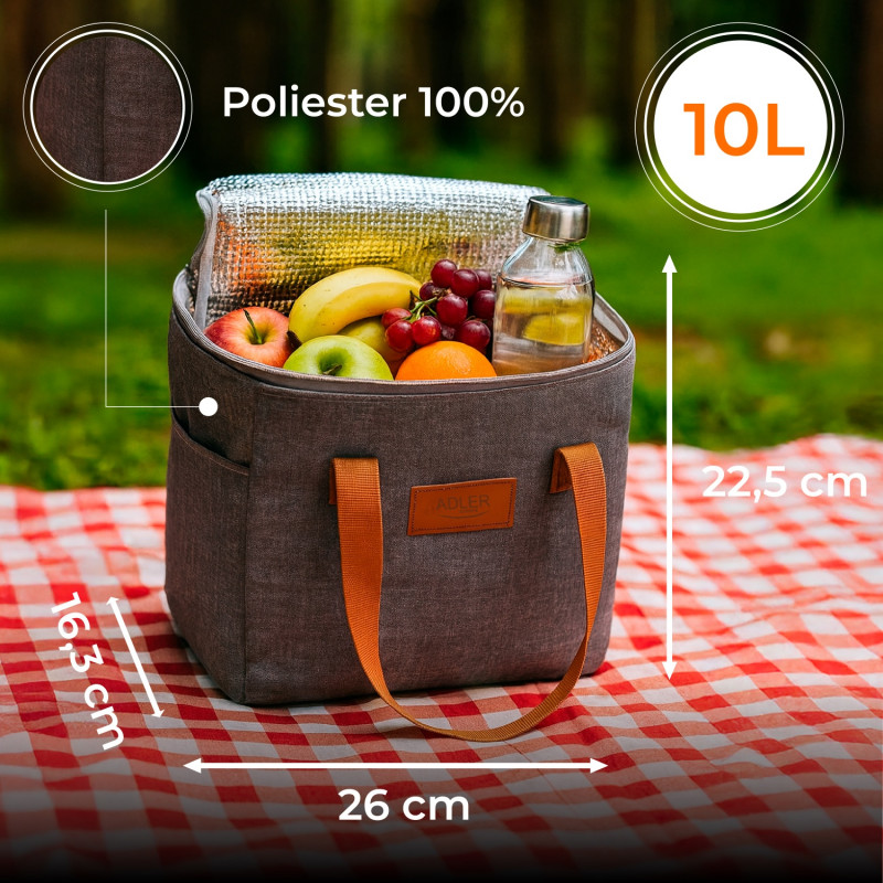 Geantă termică Adler AD 4536, 10 l, spumă de 5 mm, buzunare exterioare, alimente/băuturi, gri/portocaliu
