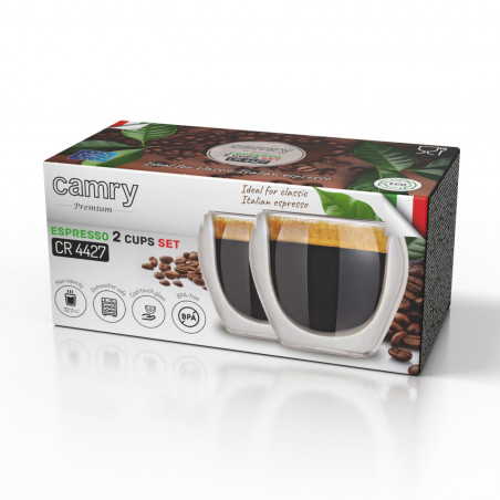 Set de 2 pahare de sticlă pentru espresso Camry CR 4427, reci la atingere, 72 ml, cu pereți dubli, -20 °C–100 °C, fără BPA, transparente