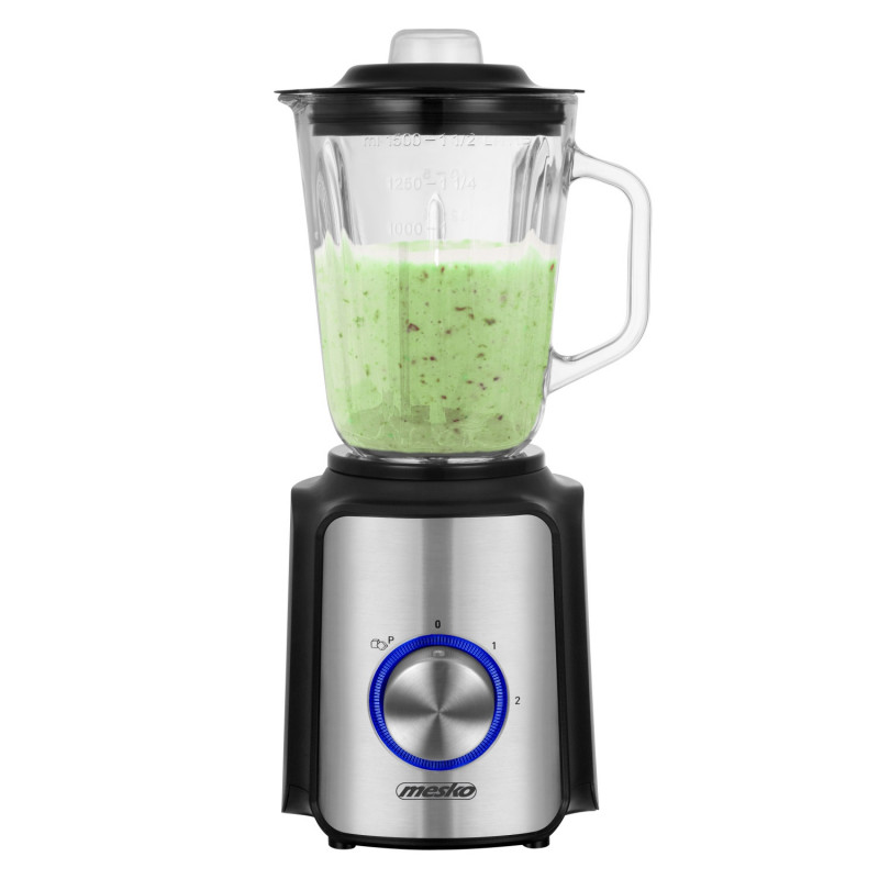 Blender Mesko MS 4080, 1200 W, 1,5 l, 21 000 rpm, 6 lame, 2 viteze + funcție puls, capac cu orificiu, inox/negru