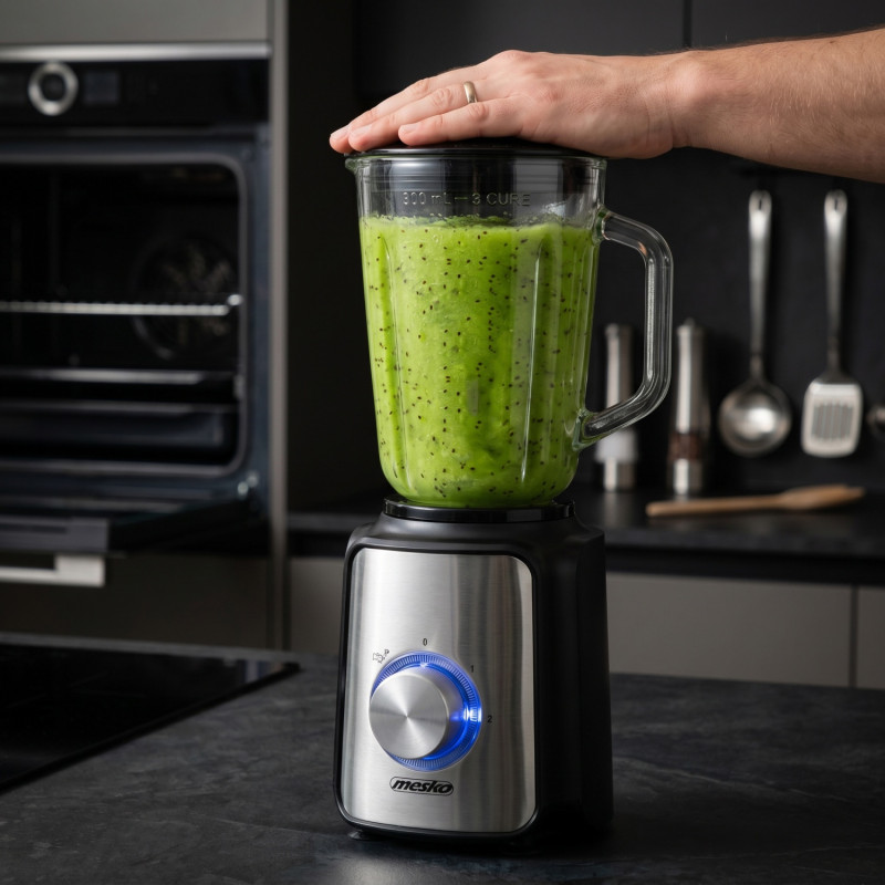 Blender Mesko MS 4080, 1200 W, 1,5 l, 21 000 rpm, 6 lame, 2 viteze + funcție puls, capac cu orificiu, inox/negru