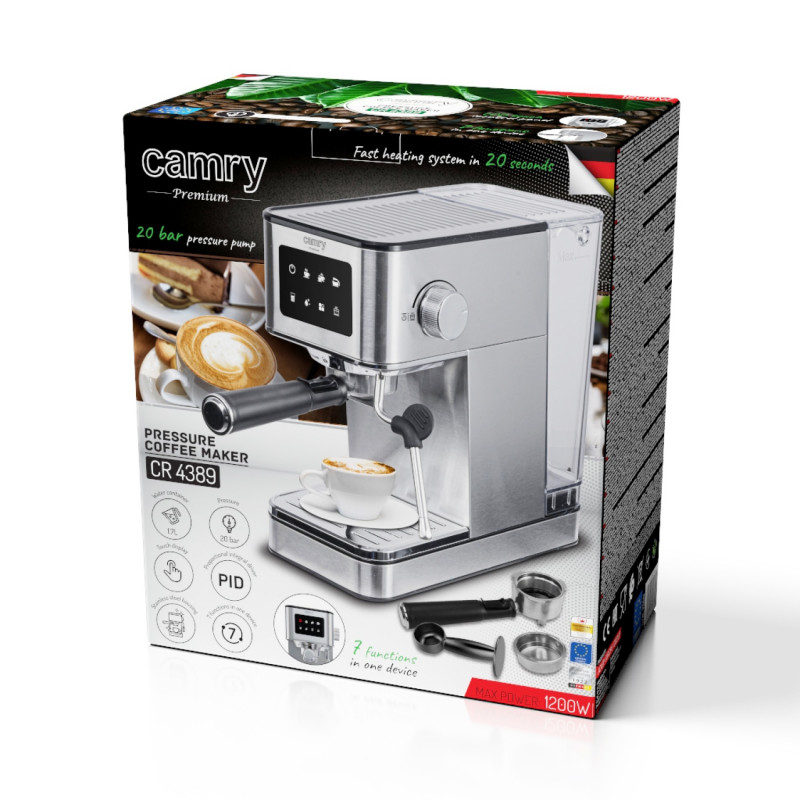 Aparat de espresso 7-în-1 Camry CR 4389, 1200 W, 20 bar, 1,7 l, control PID, panou LCD tactil, încălzire cești, extracție la rece, oțel inoxidabil