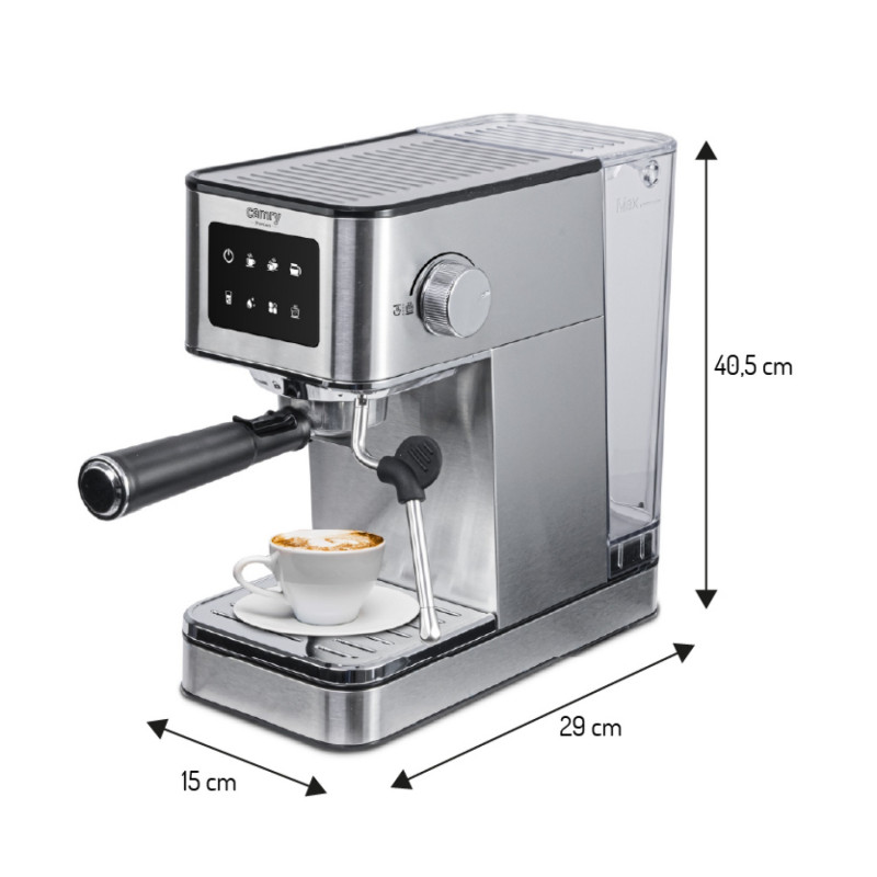 Aparat de espresso 7-în-1 Camry CR 4389, 1200 W, 20 bar, 1,7 l, control PID, panou LCD tactil, încălzire cești, extracție la rece, oțel inoxidabil