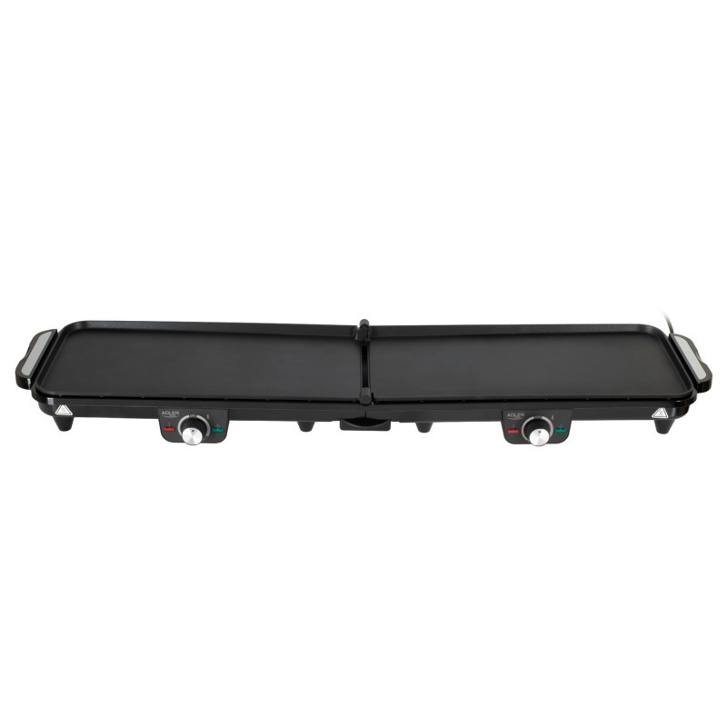 Grătar electric dublu pliabil Adler AD 6617, 3000 W, deschidere la 180°, 96 x 26 cm, plăci antiaderente, 2 termostate, tavă pentru grăsime, negru