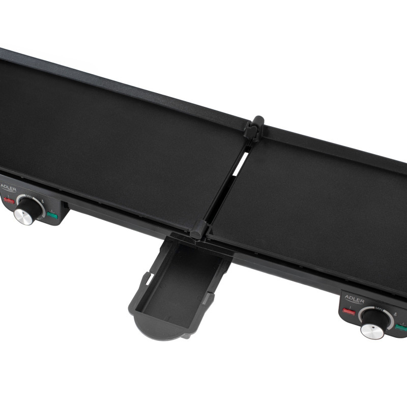 Grătar electric dublu pliabil Adler AD 6617, 3000 W, deschidere la 180°, 96 x 26 cm, plăci antiaderente, 2 termostate, tavă pentru grăsime, negru